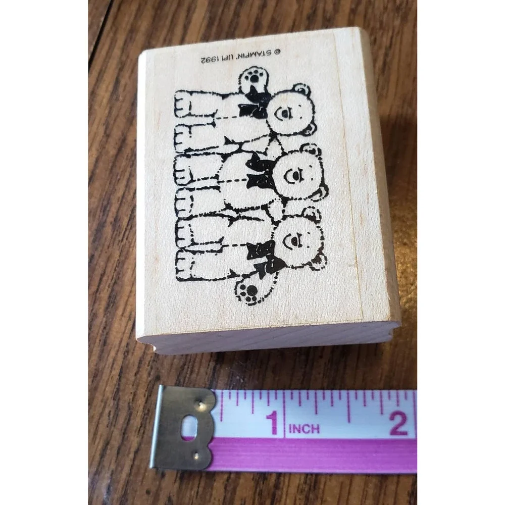 Stampin Up Three Teddy Bears Hugging 1992 Wood Mounted Rubber Stamp